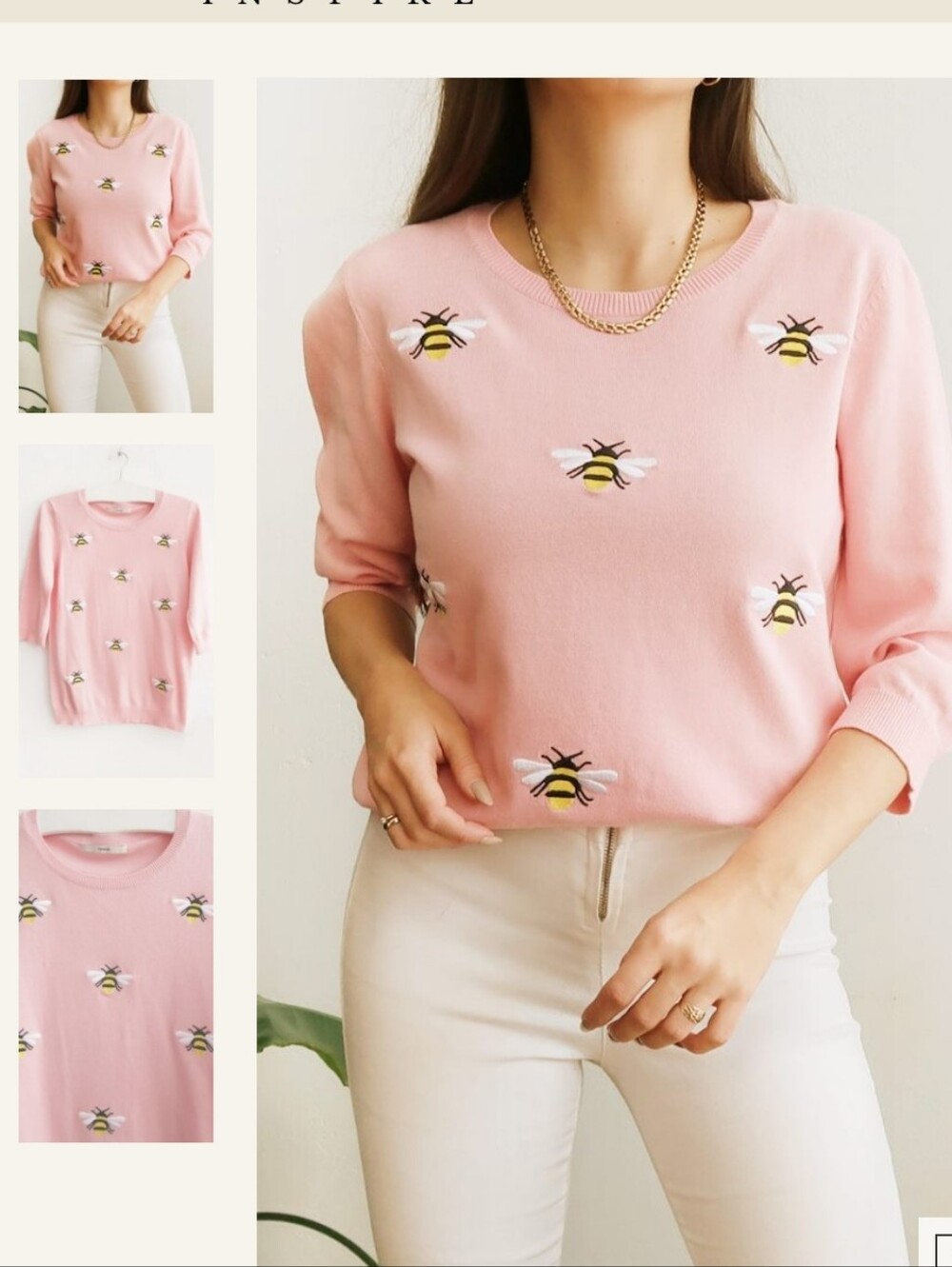 Pink Bee Embroidered Crewneck Sweater Lightweight Cotton Knit